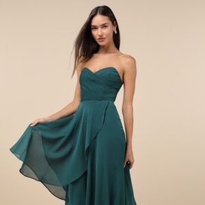 Lulus Revered Elegance Emerald Green Pleated Strapless Maxi Dress - Size XS